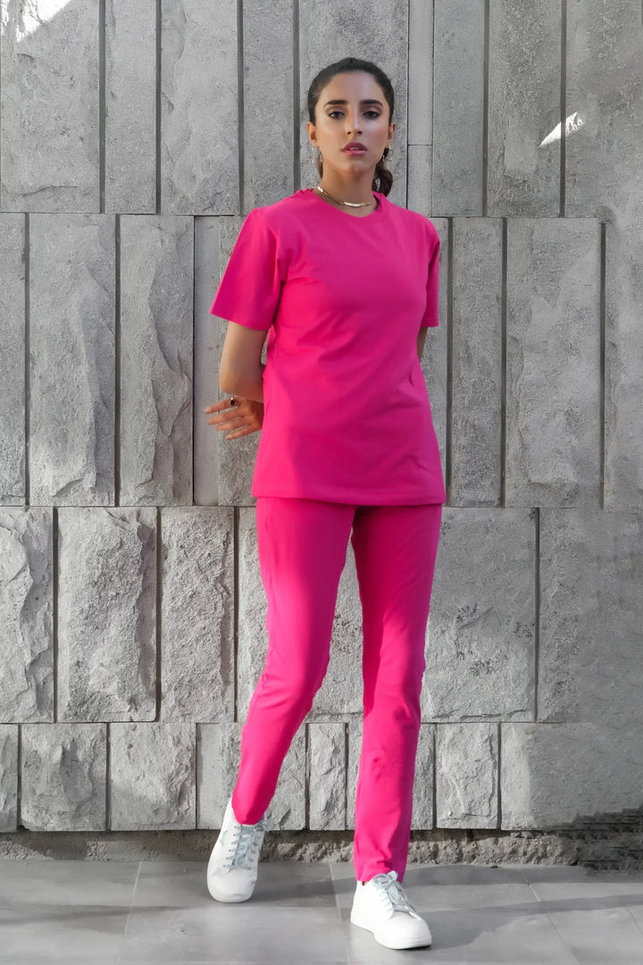 Dhaga Women Western Solids 2 Piece jersy Fushia Co Ords Half Sleeves DHSSSCO1 - Summer Collection