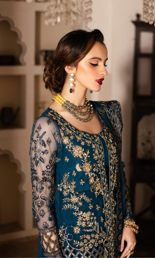 Waresha Women RTW Embroidered Net 3 Piece Suit Ocean Mirage Teal Blue - Festive Collection