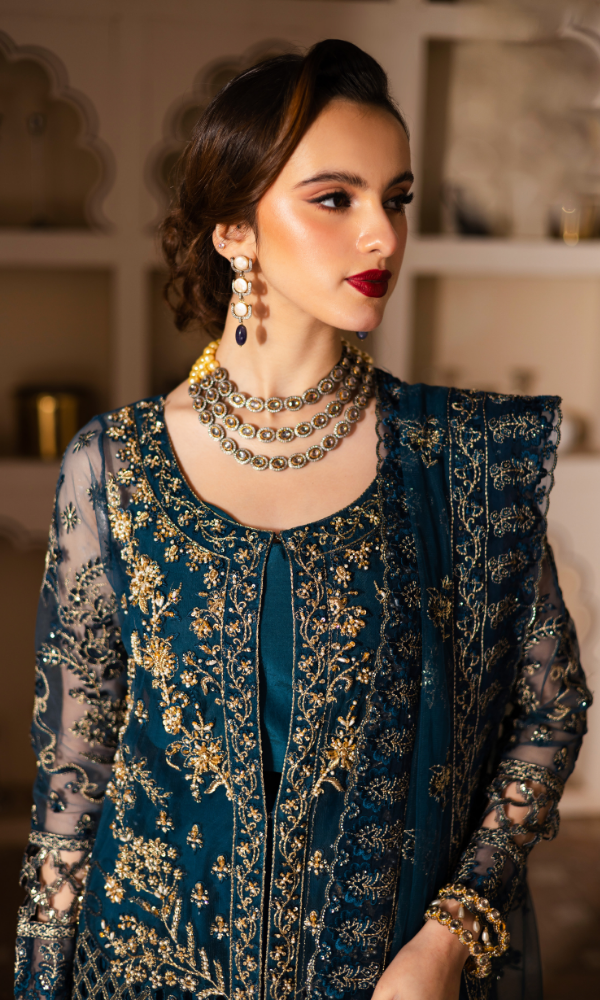 Waresha Women RTW Embroidered Net 3 Piece Suit Ocean Mirage Teal Blue - Festive Collection