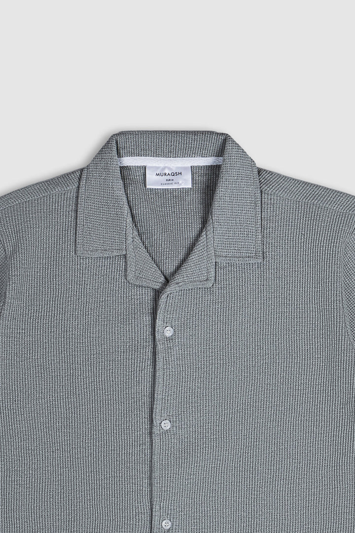 Muraqsh Ready To Wear Solids Cotton Men Light Grey Waffle Textured Revere Button Down ABDGWTRBD-FS - Summer Collection