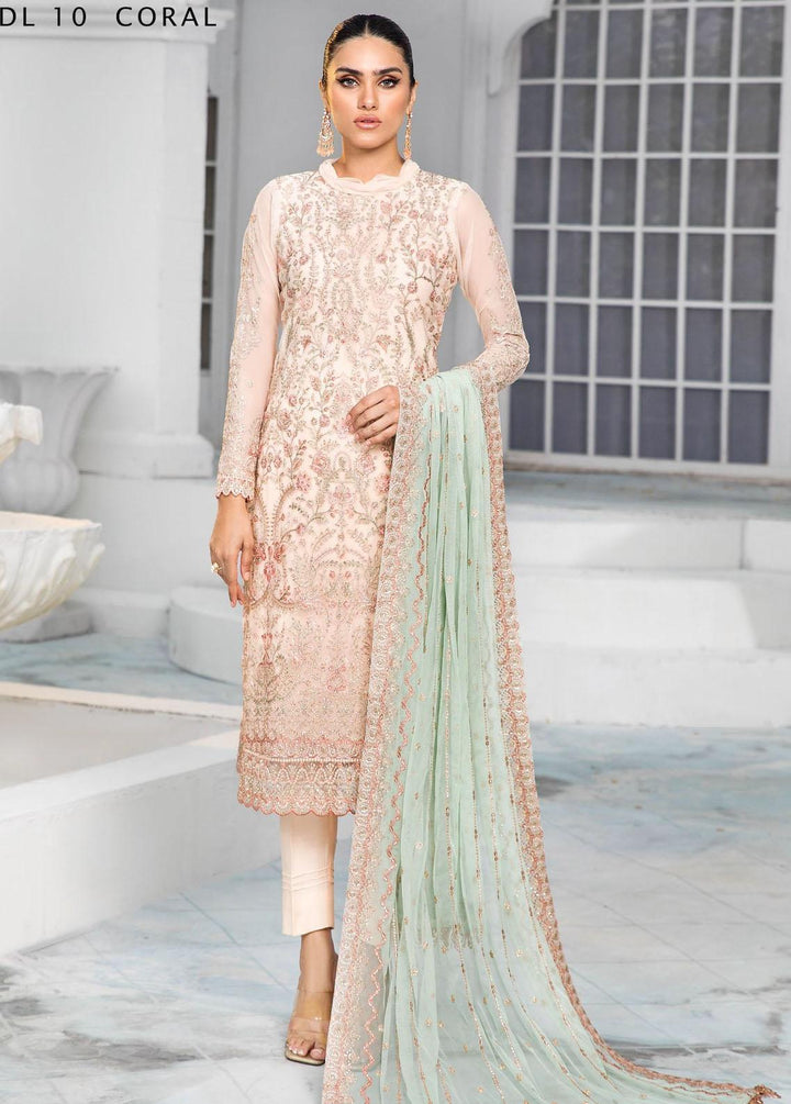 Zarif Embroidered Net Suits Unstitched 3 Piece ZF22DL ZDL-10 Coral - Luxury Collection
