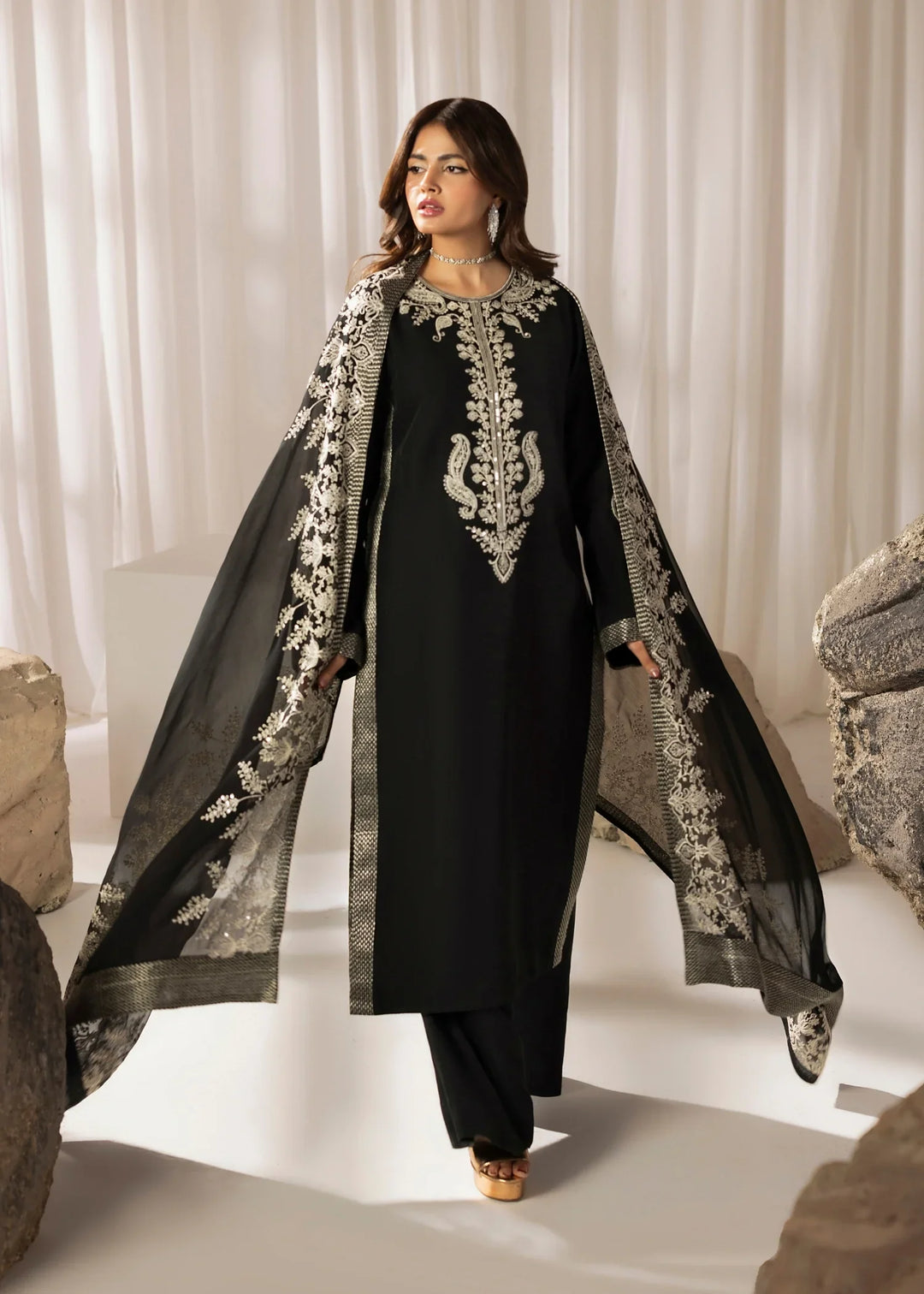 Silk Atelier by Jamni RTW Embroidered Korean Silk 3 Piece Suit MIDNIGHT BOW Festive Collection