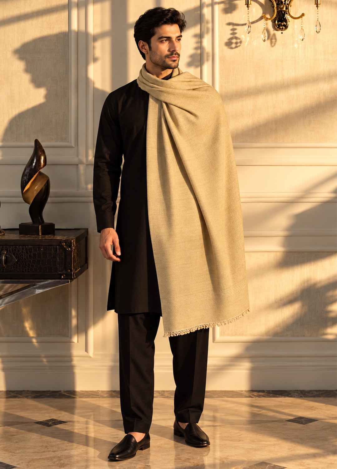 Sanaulla Exclusive Range Men Solids Wool Shawl KPS: D-73 Light Brown - Winter Collection
