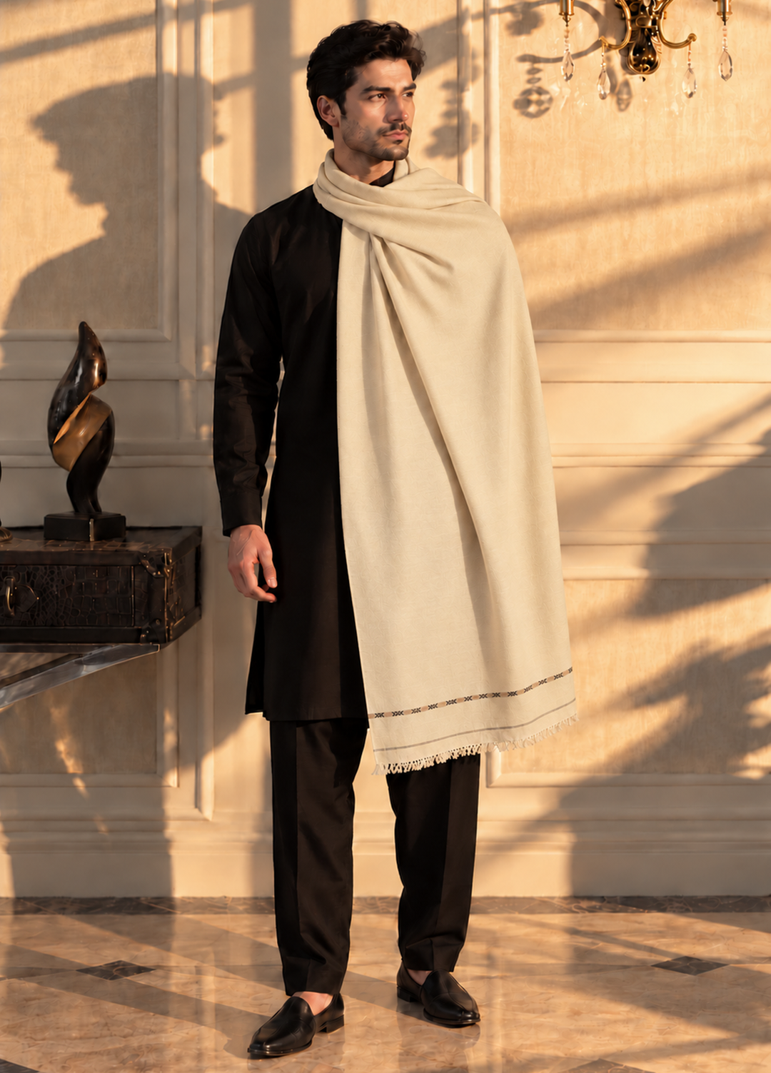 Sanaulla Exclusive Range Men Solids Wool Shawl KPS: D-96 Cream-02 - Winter Collection