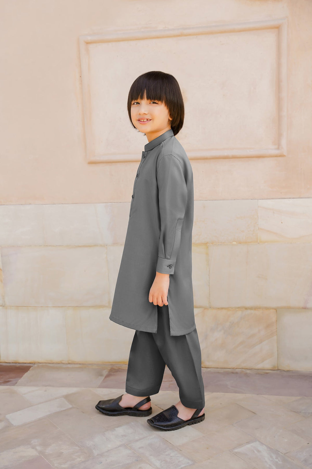 Paasban by Divinely Crafted Solids Blended 2 Piece Shalwar Kameez For Kids Pebble Grey - Summer Collection