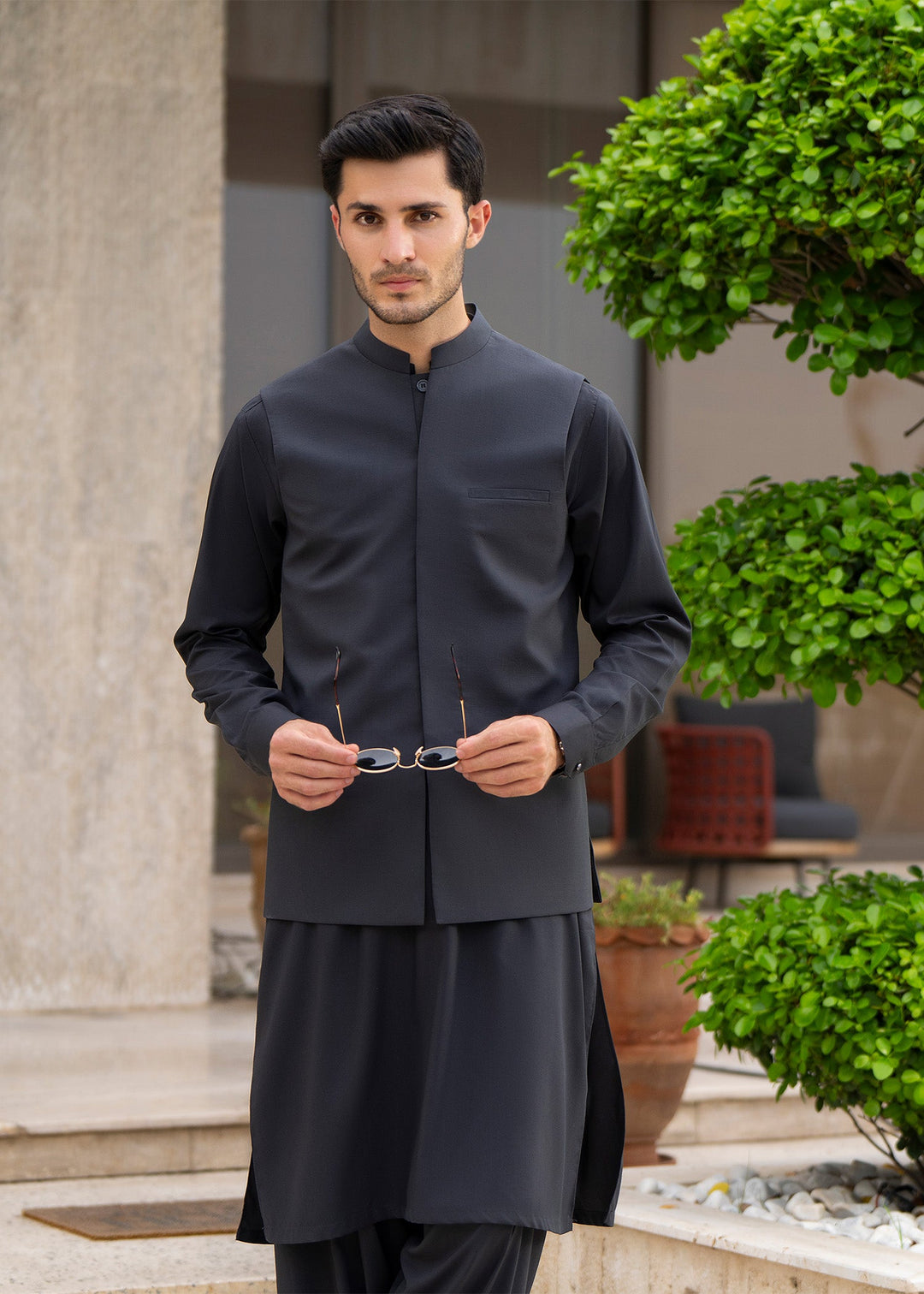 Buraq Men RTW Solids Blended 3 Piece Suit Grey Formal Winter Collection