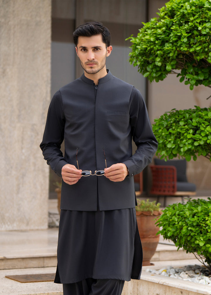 Buraq Men RTW Solids Blended 3 Piece Suit Grey Formal Winter Collection