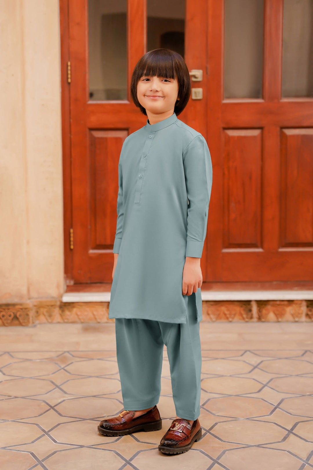 Paasban by Divinely Crafted Solids Blended 2 Piece Shalwar Kameez For Kids Powder Blue - Summer Collection