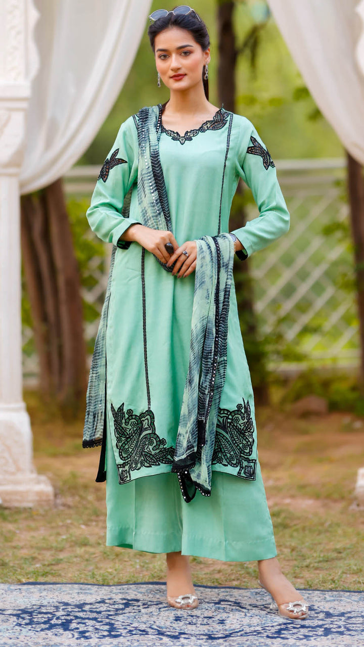 Jashn e Eid by Reezas Women Embroidered Lawn Silk 3 Piece Mehr-e-Eid Mint Green - Summer Collection