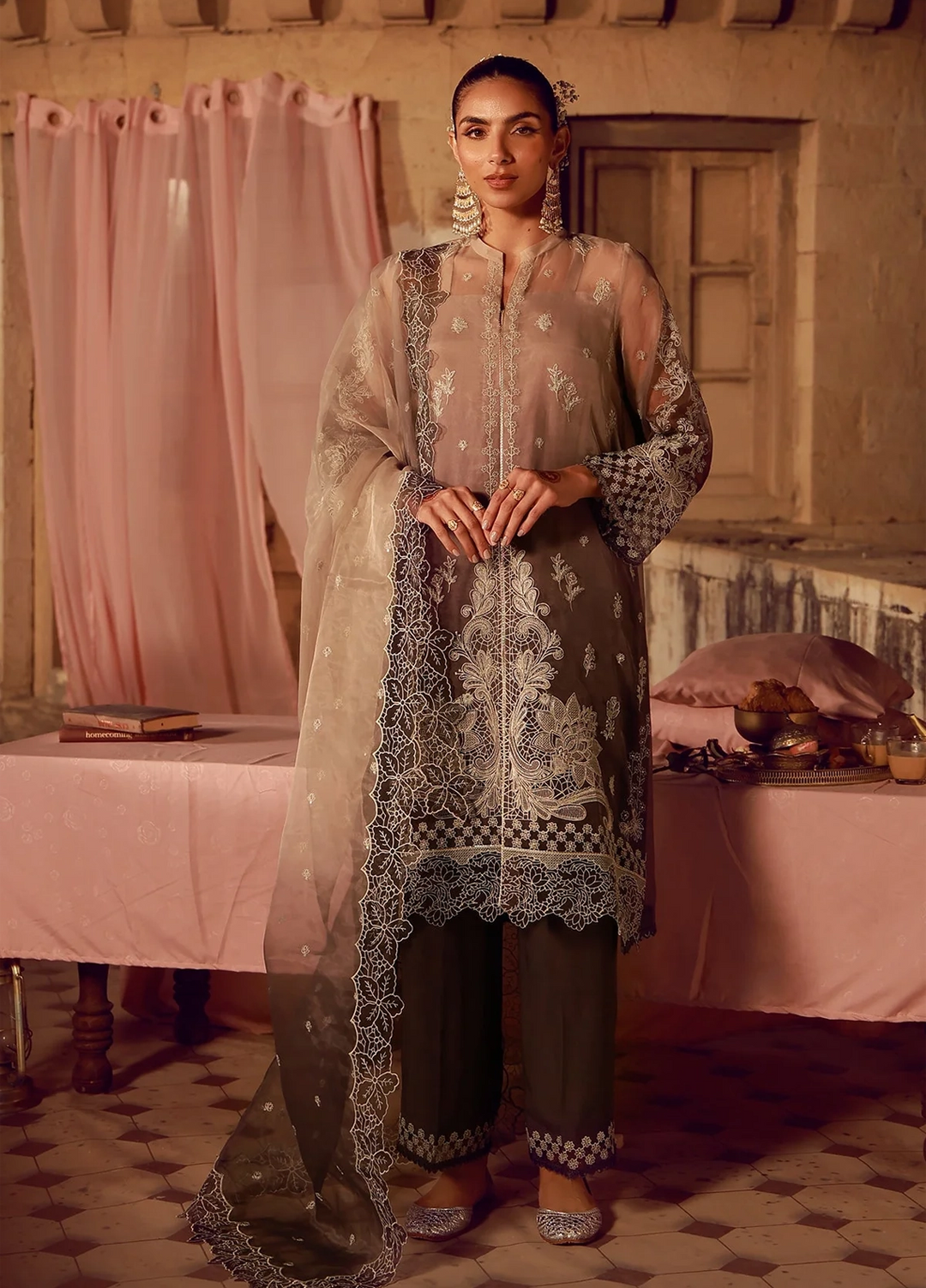 Sahar Unstitched Embroidered Organza Sepia Soiree 4 Piece Suit SS1-26-FE-08 - Summer Collection