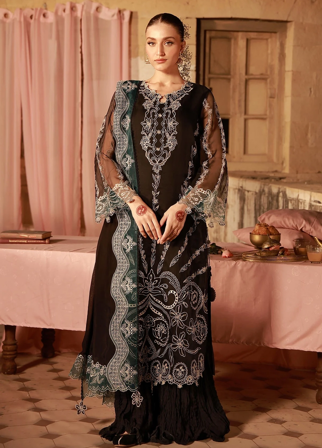 Sahar Unstitched Embroidered Organza Midnight Opulence 4 Piece Suit SS1-26-FE-03 - Summer Collection