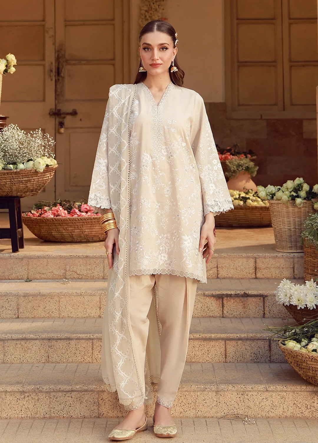 Sahar Unstitched Chikankari Lawn Ivory Mirage 3 Piece Suit CK-26-V2-04 - Summer Collection