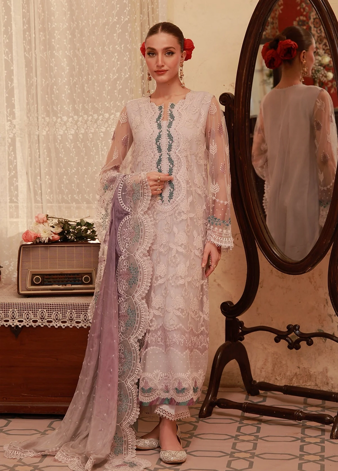 Sahar Unstitched Embroidered Net Lilac Lace Reverie 4 Piece Suit SS1-26-FE-01 - Summer Collection