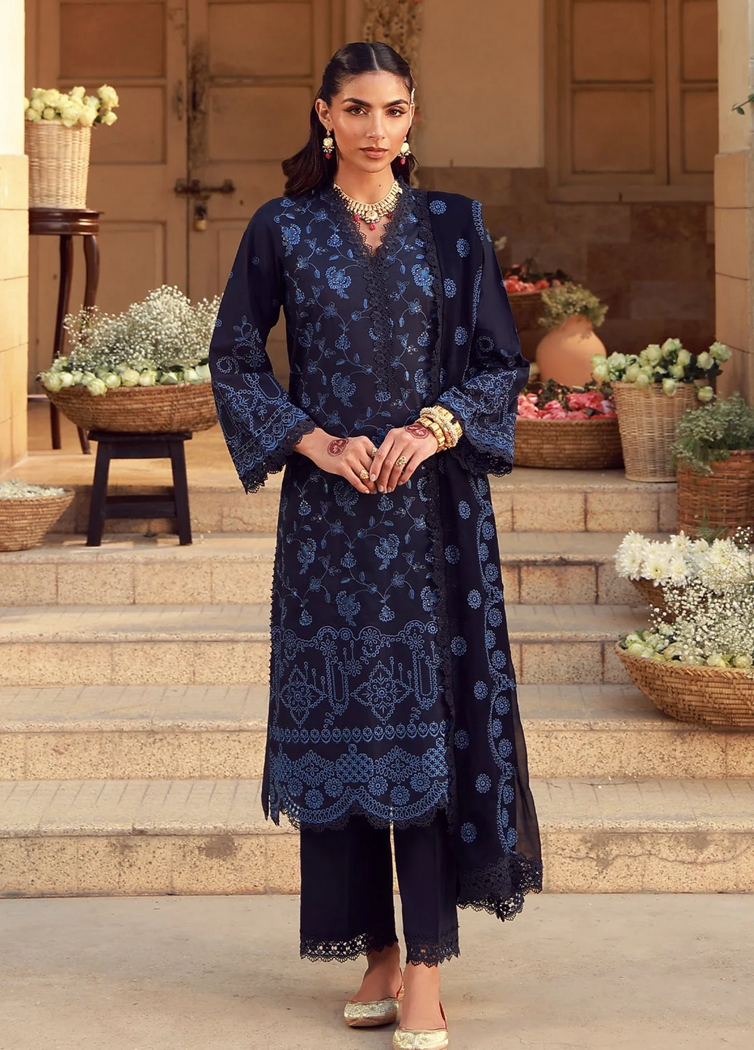 Sahar Unstitched Chikankari Lawn Nocturne Indigo 3 Piece Suit CK-26-V2-07 - Summer Collection