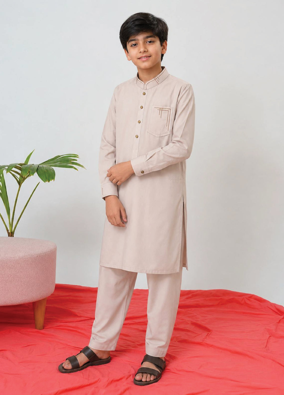 Aizaz Zafar Boys RTW Solids Wash N wear 2 Piece Suit D-365 Ash White - Casual Collection