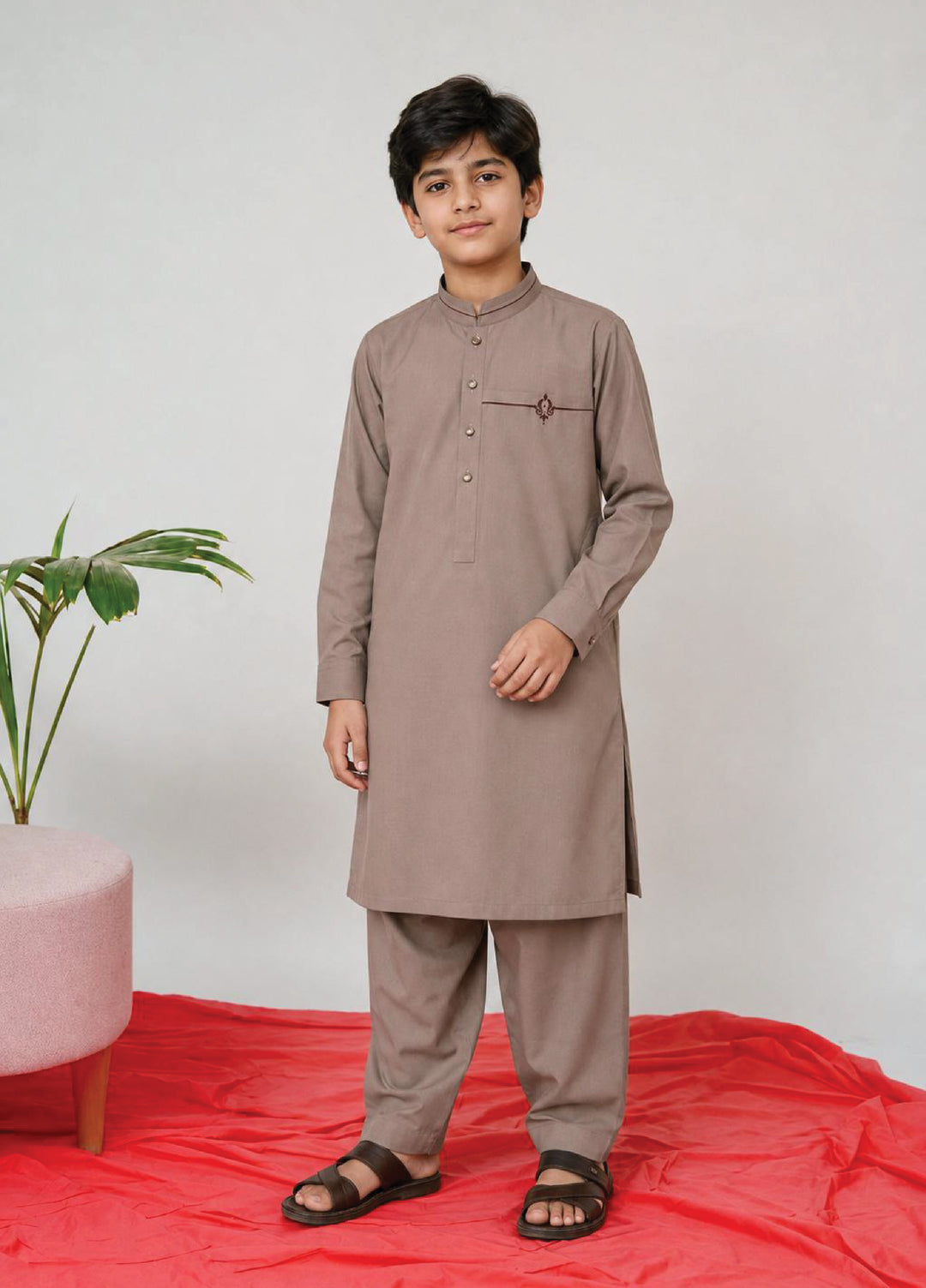 Aizaz Zafar Boys RTW Solids Wash N wear 2 Piece Suit D-357 Brown - Casual Collection