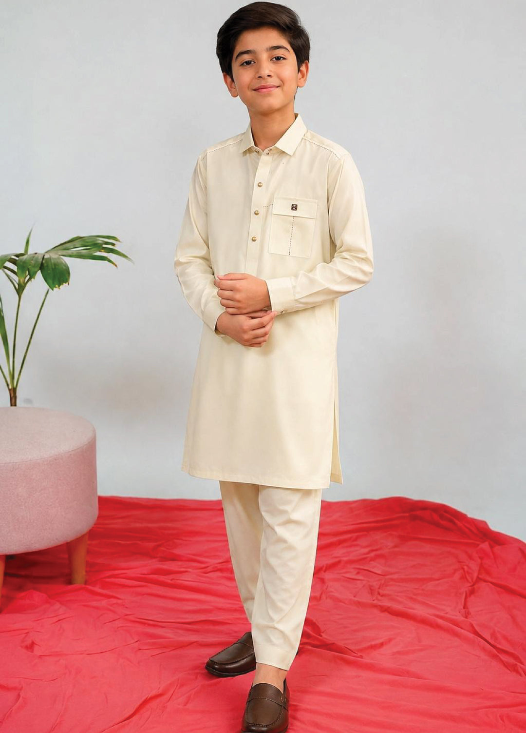 Aizaz Zafar Boys RTW Solids Wash N wear 2 Piece Suit D-359 Beige - Casual Collection
