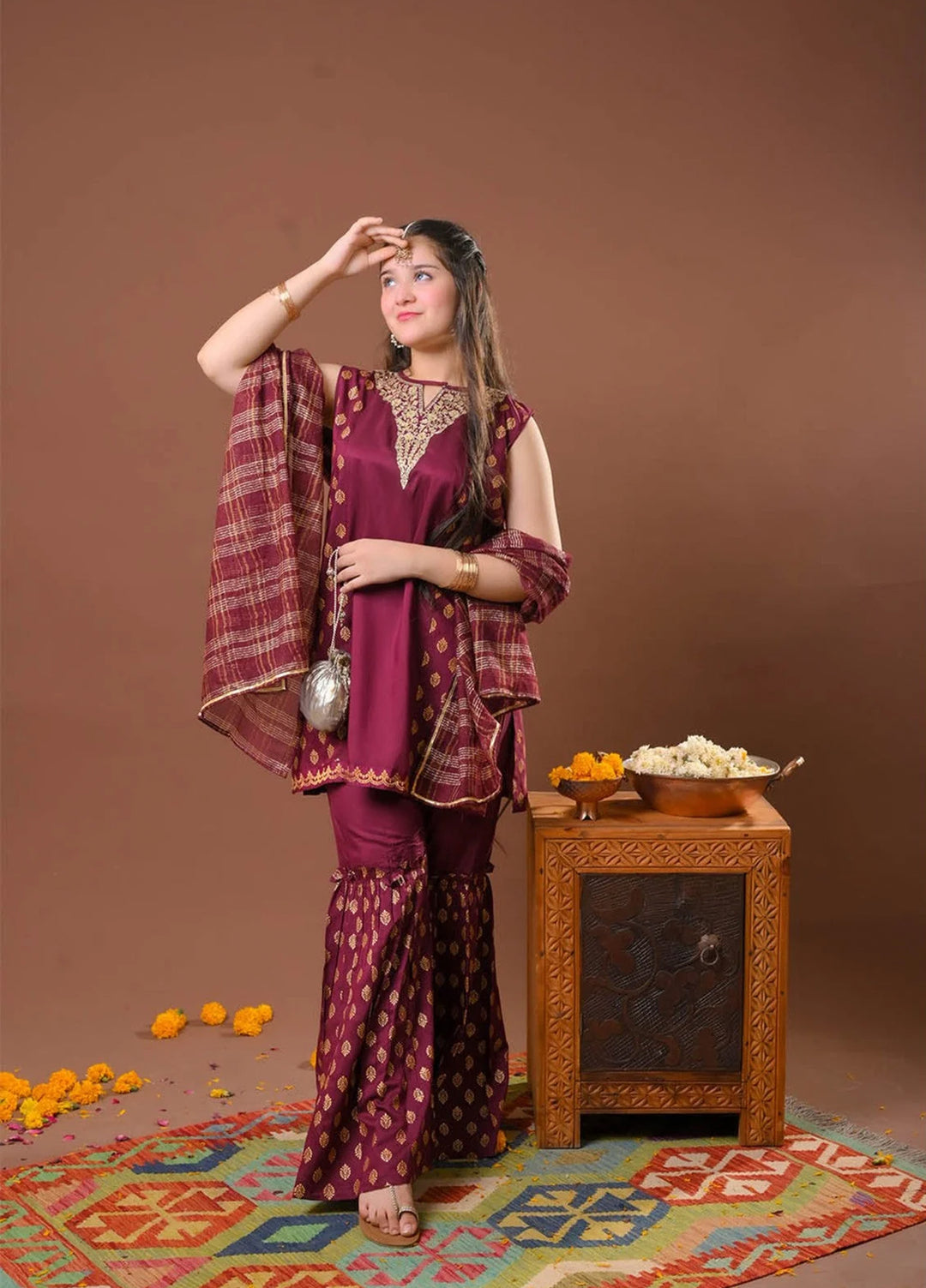 Senorita Girls RTW Printed Viscose Raw Silk 3 Piece Suit GDD-03256 - Festive Collection