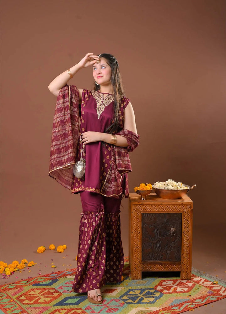 Senorita Girls RTW Printed Viscose Raw Silk 3 Piece Suit GDD-03256 - Festive Collection