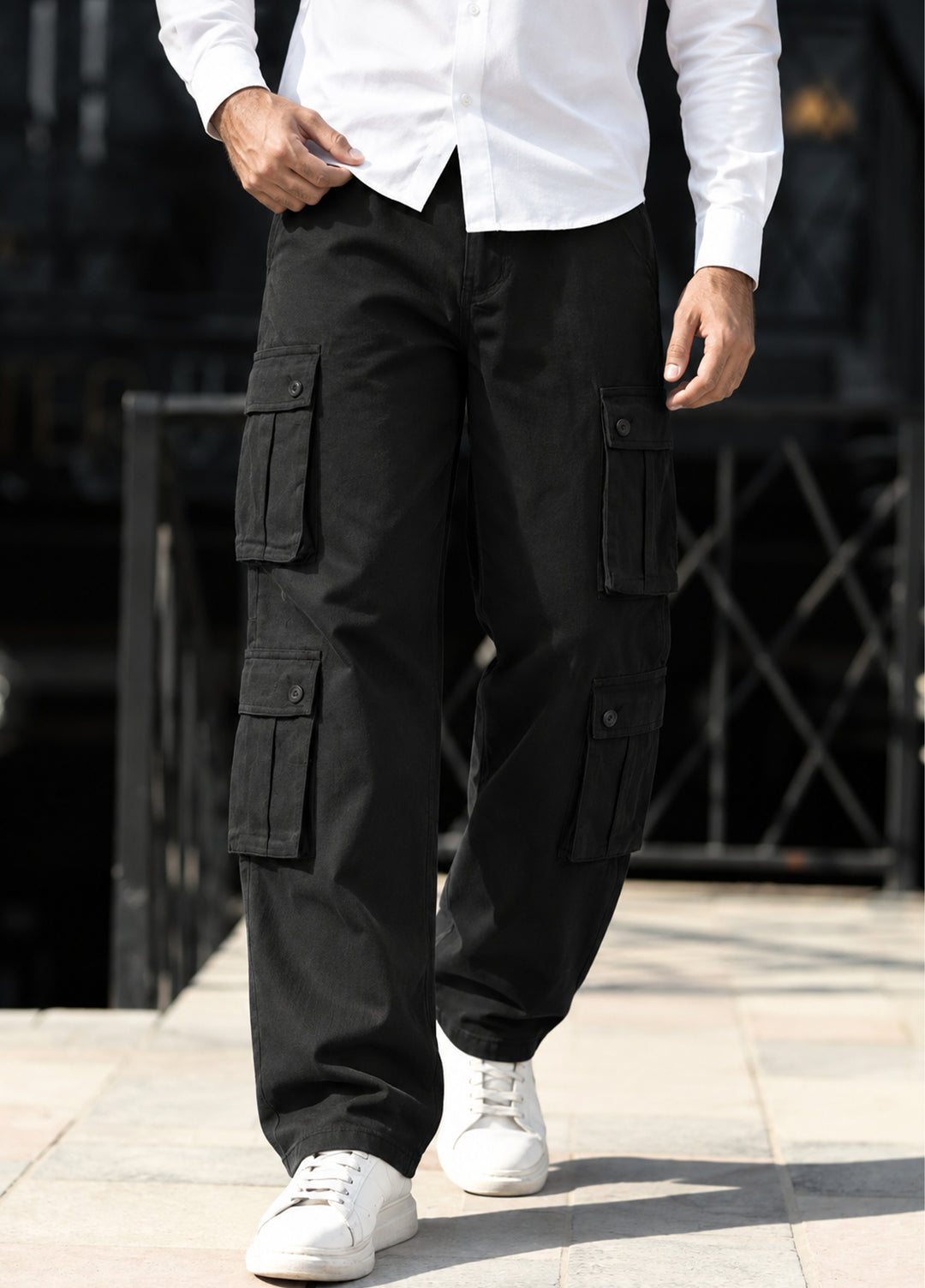 J.F Denim Mens RTW Solids Cotton 1 Piece Cargo 8 Pockets Black - Casual Collection