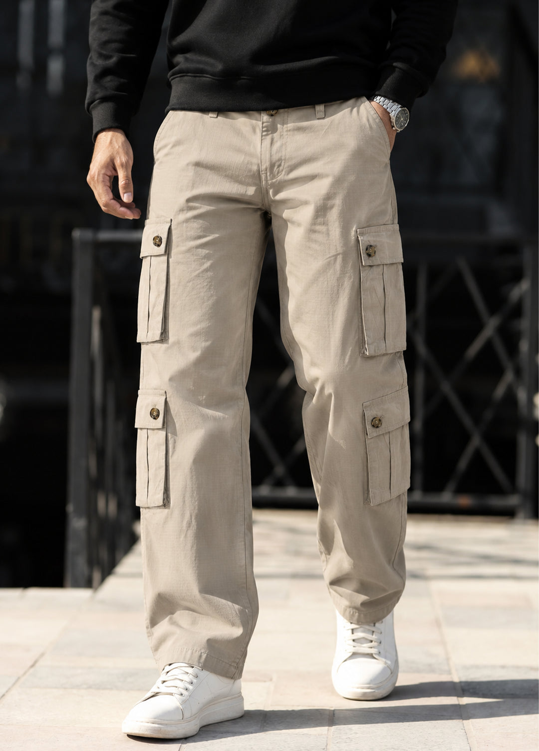 J.F Denim Mens RTW Solids Cotton 1 Piece Cargo 8 Pockets Beige - Casual Collection