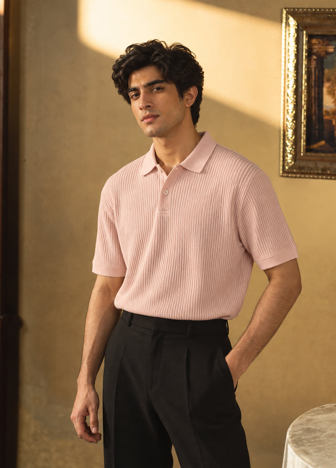 J.F Denim Mens RTW Solids Knit Tee Polo Pink - Casual Collection