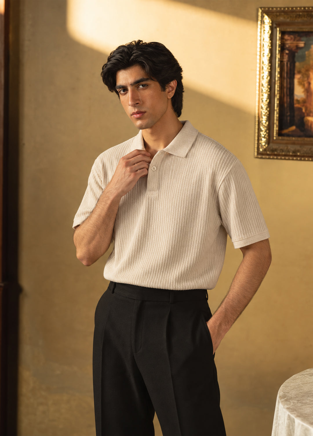 J.F Denim Mens RTW Solids Knit Tee Polo Beige - Casual Collection