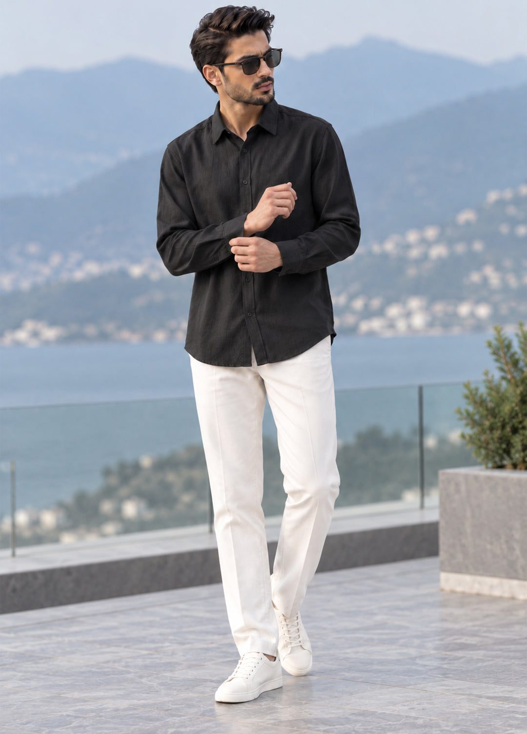 J F Denim Mens Shirt RTW Solids Linen 1 Piece Black - Casual Collection