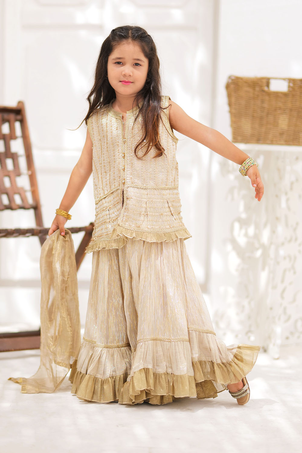 Senorita Kids RTW Fawn and Gold Formal 3 Piece Suit Banarsi Shimmer and Organza tissue KDD-02734 - Winter Collection