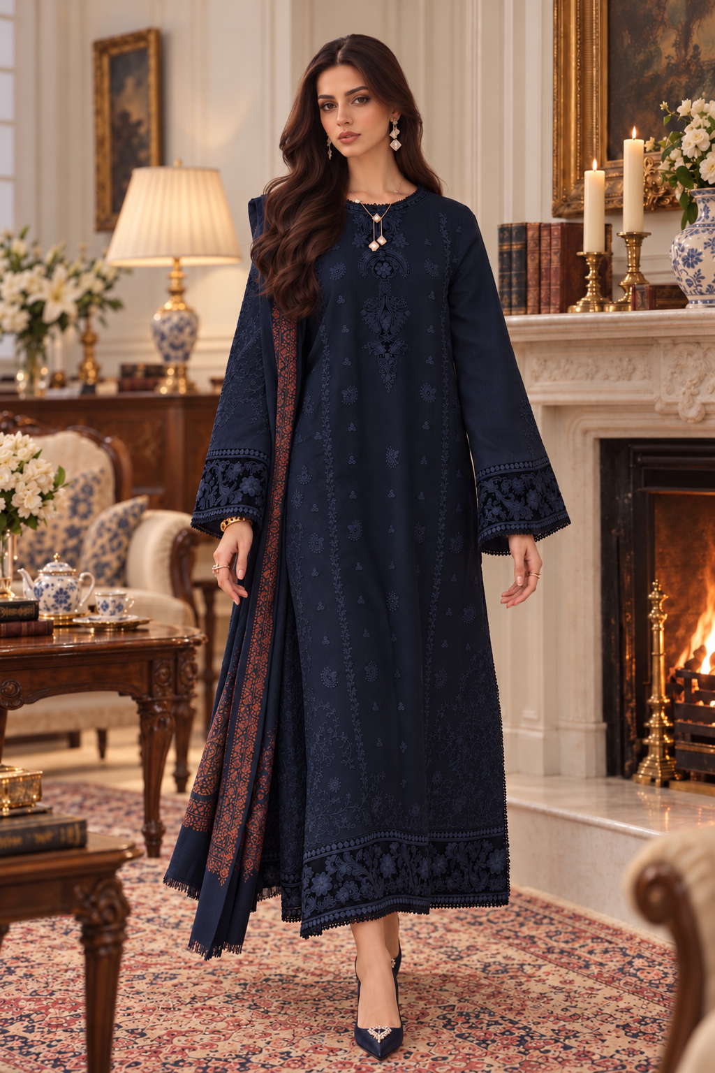 Noor Pashmina Shawl by Saadia Asad Unstitched Embroidered Khaddar 3 Piece Suit SA26UNW D12 - Winter Collection
