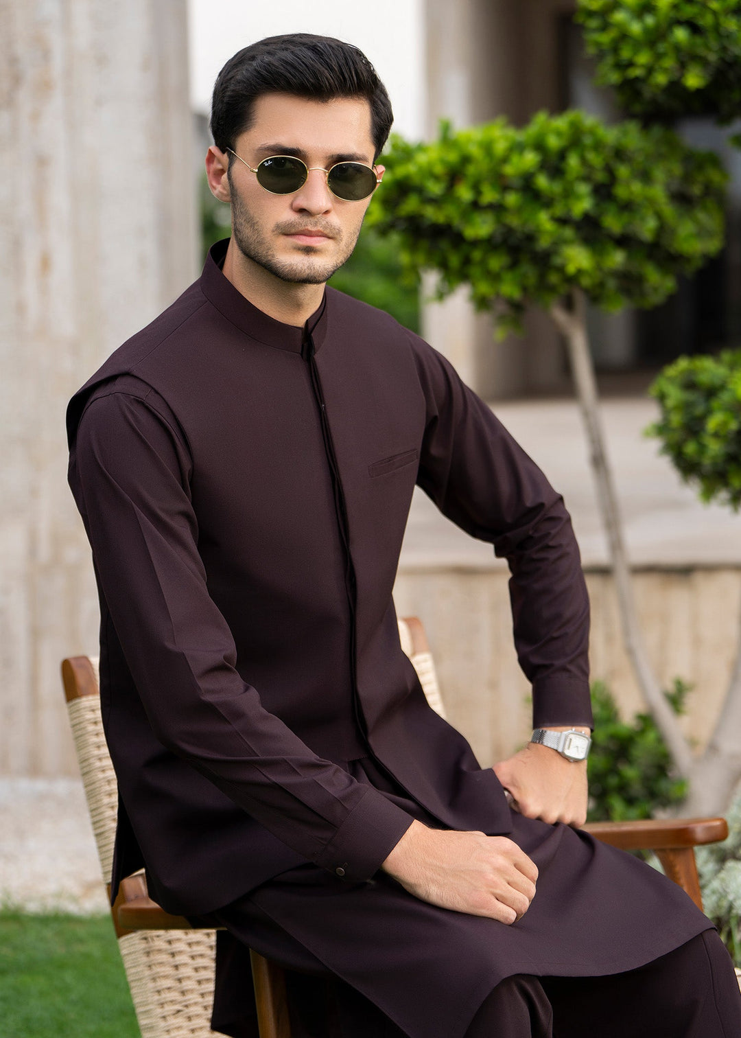Buraq Men RTW Solids Blended 3 Piece Suit Chocolate Brown Winter Collection