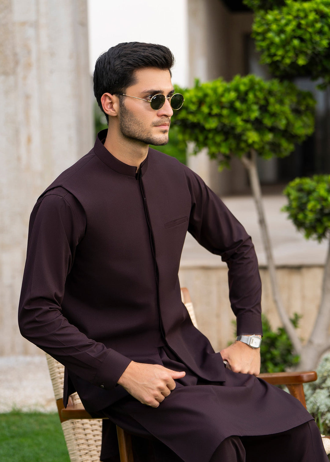 Buraq Men RTW Solids Blended 3 Piece Suit Chocolate Brown Winter Collection