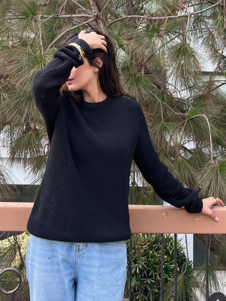 Brumano Women RTW Solids Cotton 1 Piece Black Knitted Jumper Western Collection