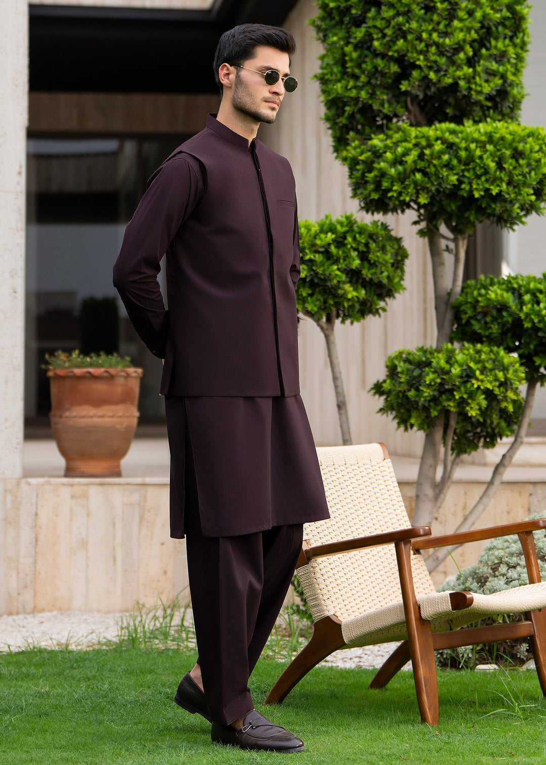 Buraq Men RTW Solids Blended 3 Piece Suit Chocolate Brown Winter Collection