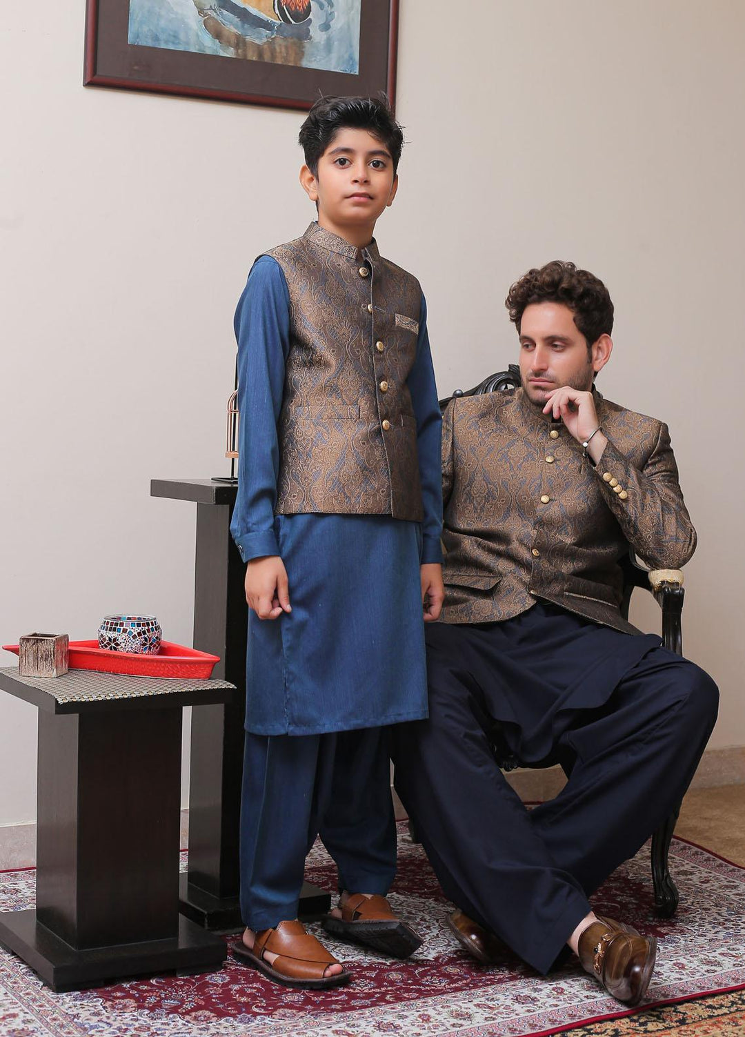Real Image Jamawar Smart Fit Waistcoat for Kids -  OKW-007 Grey Brown