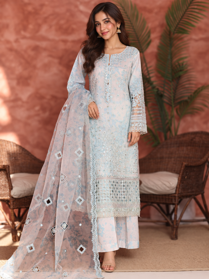 Shaahkaar by HZ Textiles RTW Embroidered Organza 3 Piece Suit HZ26PSO HZK-240 Blue - Festive Collection