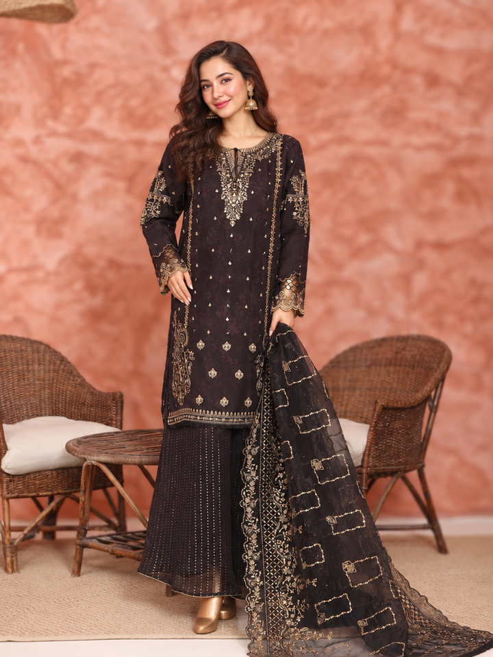 Shaahkaar by HZ Textiles RTW Embroidered Organza 3 Piece Suit HZ26PSO HZK-242 Black - Festive Collection
