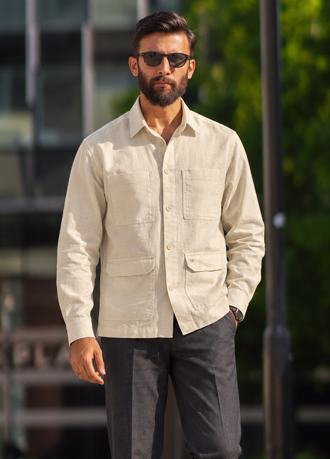 J F Denim Mens Shirt Jacket RTW Solids Linen 1 Piece Cream - Casual Collection