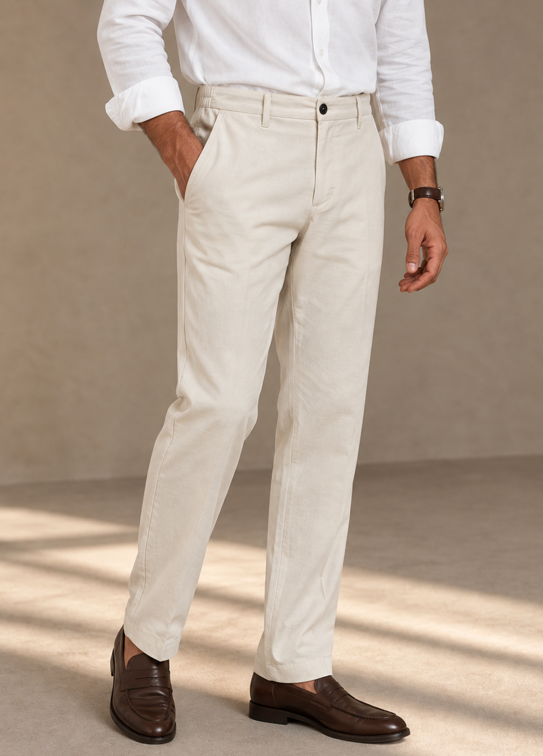 J F Denim Mens RTW Solids Cotton Italian Pants Suit Cream - Casual Collection