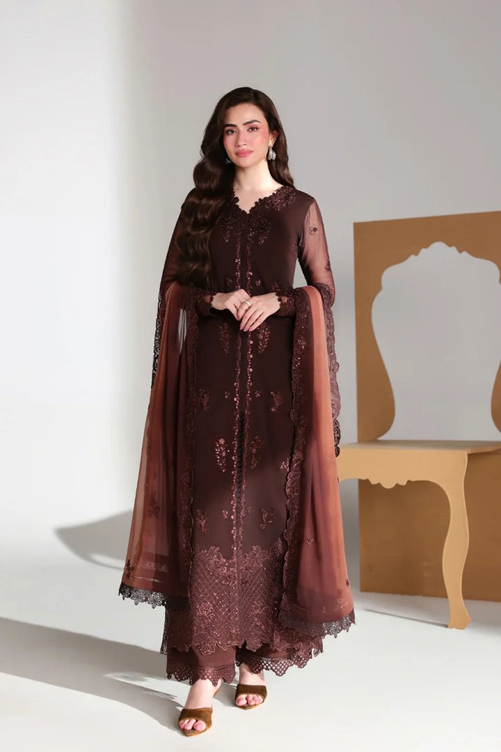Ensembles by Azure Unstitched Embroidered Chiffon 3 Piece Suit AZ26UEF Maison Mocha - Festive Collection