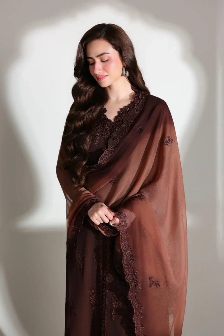 Ensembles by Azure Unstitched Embroidered Chiffon 3 Piece Suit AZ26UEF Maison Mocha - Festive Collection