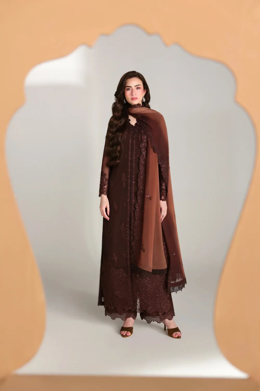 Ensembles by Azure Unstitched Embroidered Chiffon 3 Piece Suit AZ26UEF Maison Mocha - Festive Collection