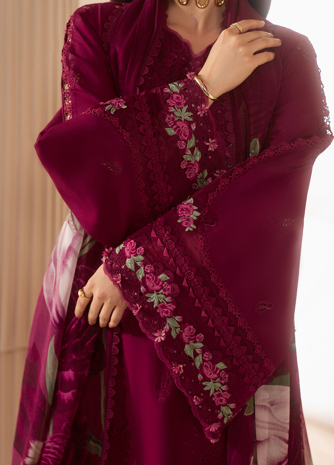 E-Craft by Elaf Unstitched Embroidered Lawn 3 Piece Suit EHC-4A Garnet - Casual Collection