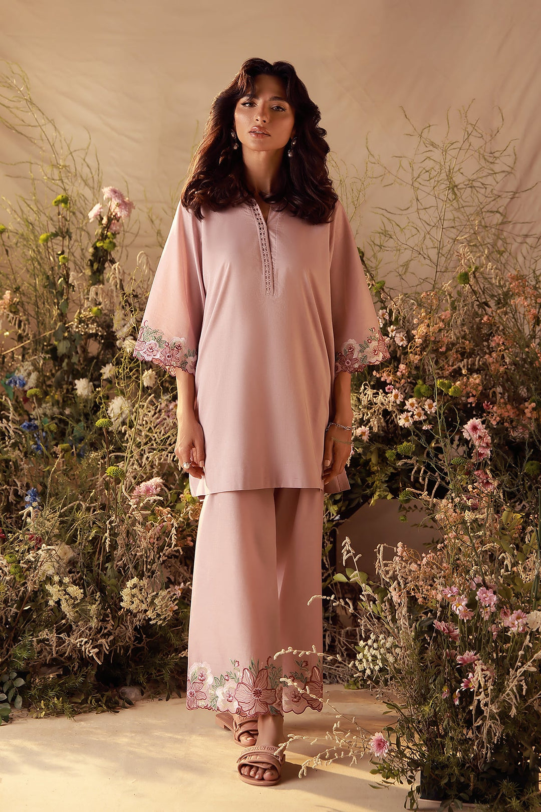 Sahar Women Pret Essentials Embroidered Cambric Dusty Blush Co-Ord Sets - Summer Collection