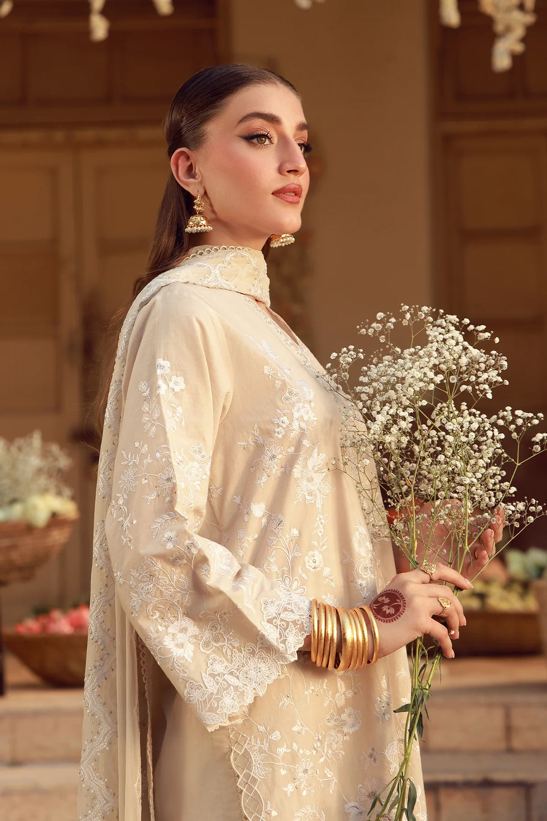 Sahar Unstitched Chikankari Lawn Ivory Mirage 3 Piece Suit CK-26-V2-04 - Summer Collection
