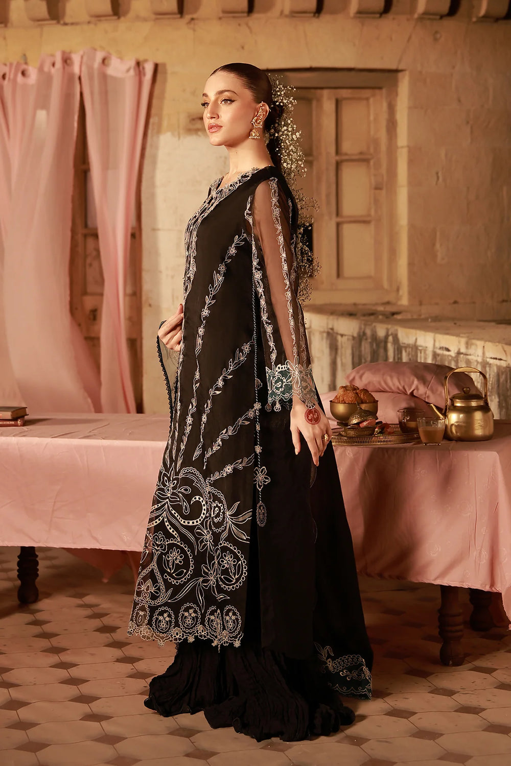 Sahar Unstitched Embroidered Organza Midnight Opulence 4 Piece Suit SS1-26-FE-03 - Summer Collection