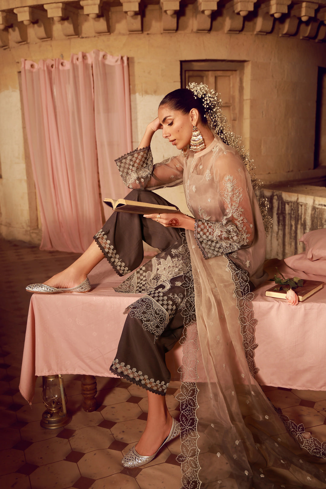 Sahar Unstitched Embroidered Organza Sepia Soiree 4 Piece Suit SS1-26-FE-08 - Summer Collection