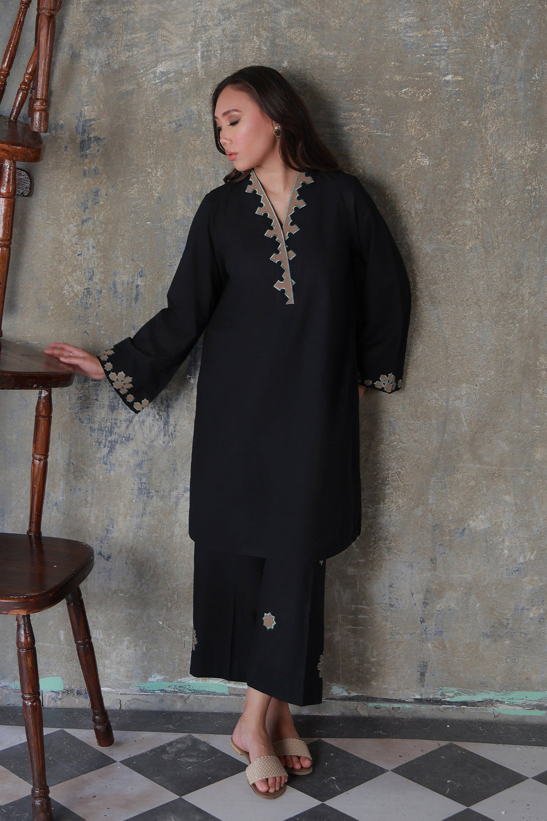 Neutral Edit by Sahar RTW Embroidered Cambric 2 Piece Suit Noir eclat Casual Collection