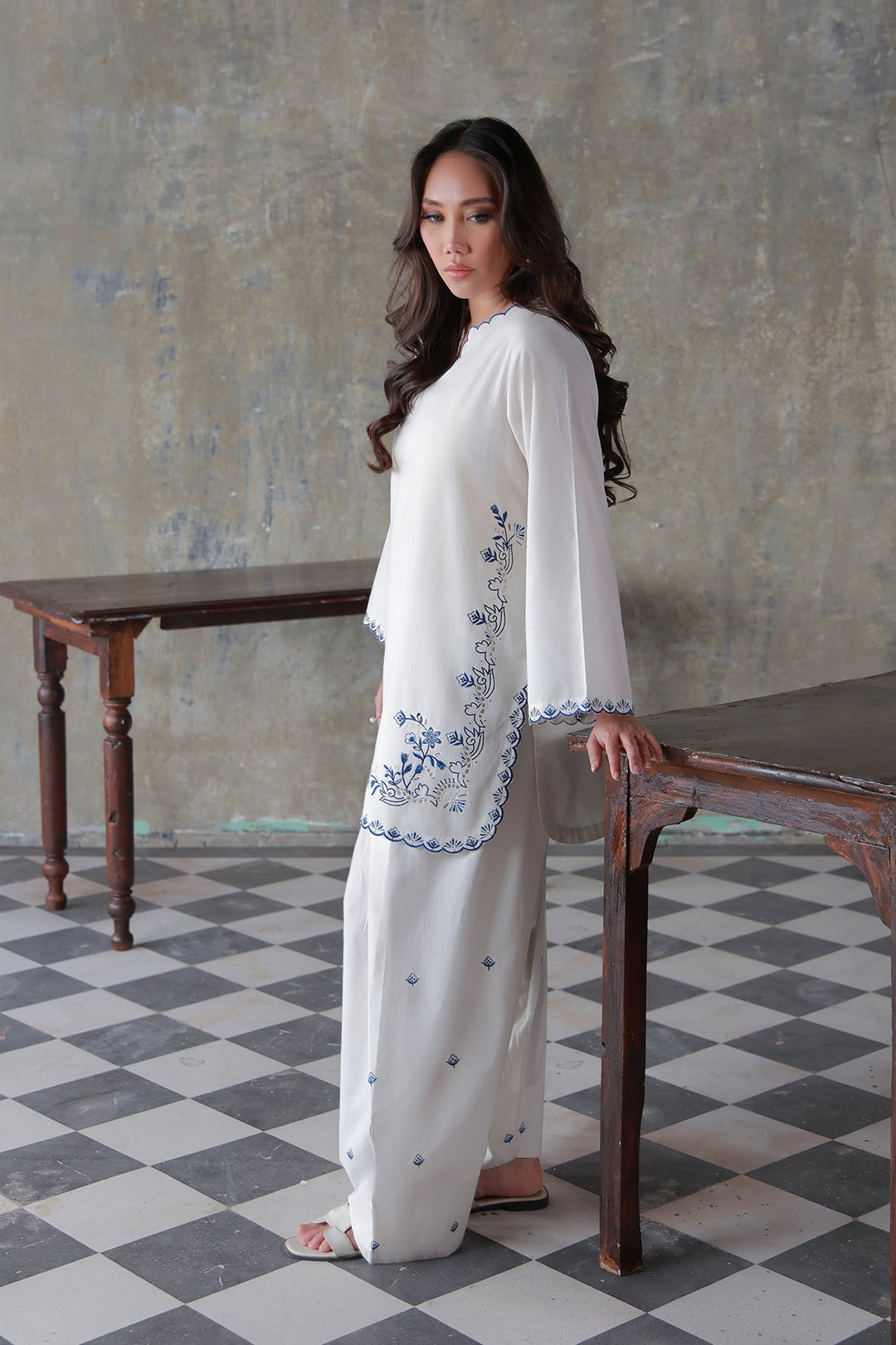Neutral Edit by Sahar RTW Embroidered Cambric 2 Piece Suit Cloud Whisper Casual Collection