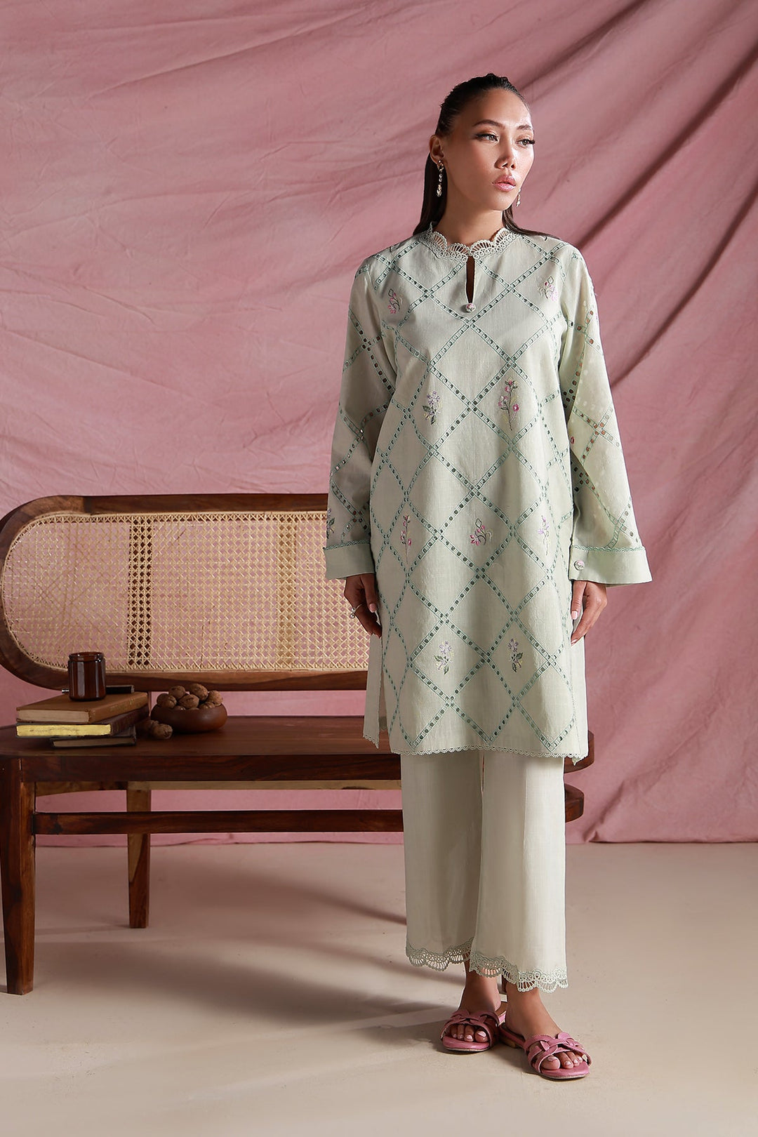 Sahar Women Pret Essentials Embroidered Cross Hatch Lawn Verdant Lattice Co-Ord Sets - Summer Collection